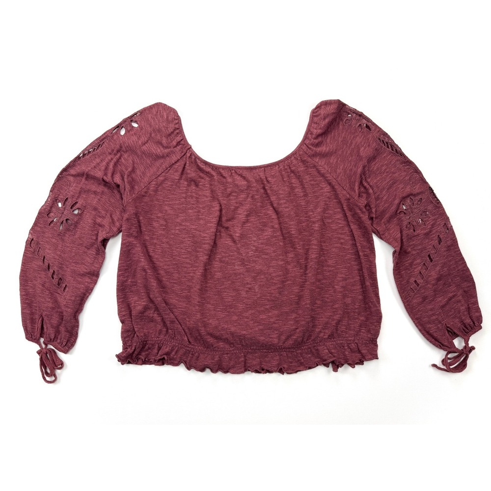 FREE PEOPLE/WE THE FREE Burgundy Embroidered Eyelet Boho Peasant Top Medium 1845 - Picture 7 of 8